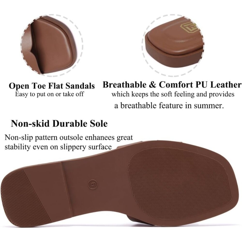 Women's Brown Square Open Toe Slip On Beach Summer Flat Slide Sandals - Picture 4 of 6